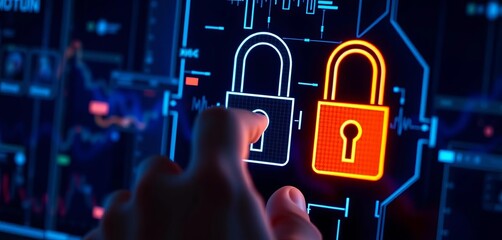 Close-up of a hand interacting with a digital padlock on a dark screen,  futuristic,  dark