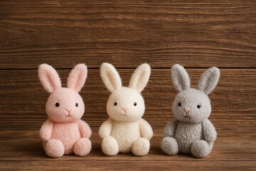 Obraz premium Three soft-textured bunnies in pastel hues sit serenely on a wooden backdrop