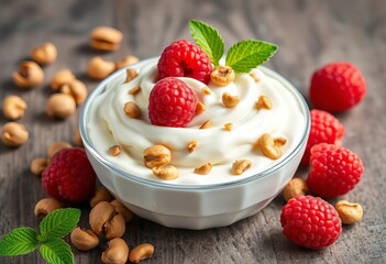 Creamy Greek yogurt topped with fresh raspberries and crunchy hazelnuts, healthy, nutritious