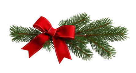  Red Christmas decoration with ribbon and pine branch isolated on a transparent background in PNG format.