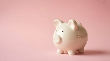 Piggy Bank on Pink: A classic, pristine piggy bank, a universal symbol of saving and financial security, stands solitary against a soft pink backdrop, evoking a sense of peace and planning.