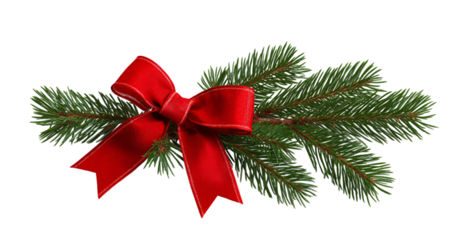  Red Christmas decoration with ribbon and pine branch isolated on a transparent background in PNG format.