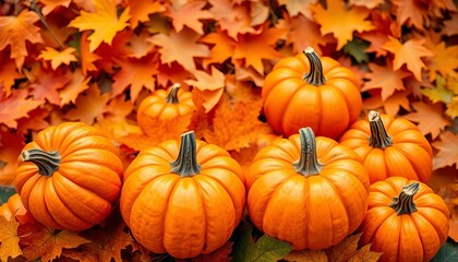 Horizontal banner of autumn orange pumpkins, fall leaves background texture,  orange pumpkins,  digital