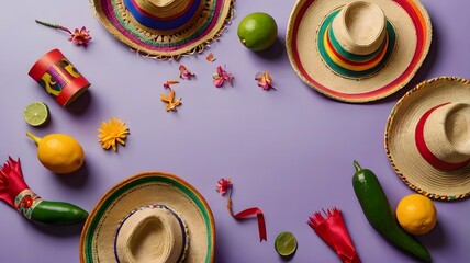 Obraz premium Vibrant Fiesta A Colorful Celebration of Mexican Culture with Sombreros, Citrus Fruits, and Peppers