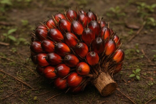 A bountiful harvest of palm oil fruits rests on the earth, showcasing the natural cycle of growth and abundance in agriculture