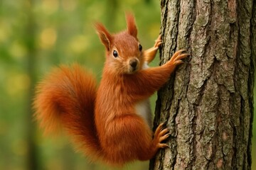 A playful red squirrel clings to a tree trunk in a lush forest