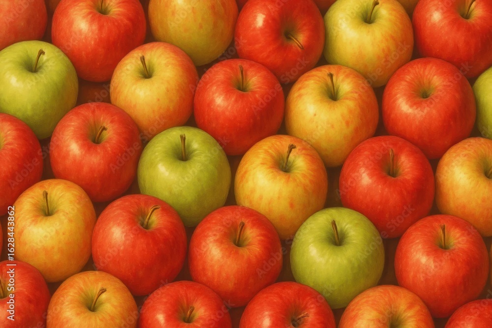 Poster a vibrant array of apples in shades of red and green, meticulously arranged in a captivating pattern