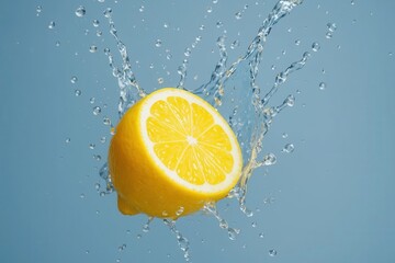 Freshly squeezed lemon in mid-air with a splash of water droplets against a blue backdrop