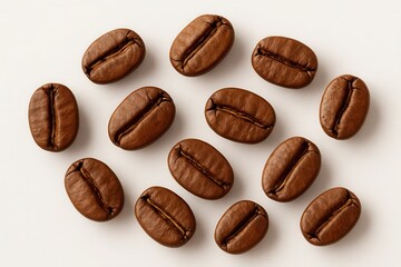 An array of freshly roasted coffee beans laid out on a pristine white background, showcasing their rich brown hues and distinctive crescent shapes