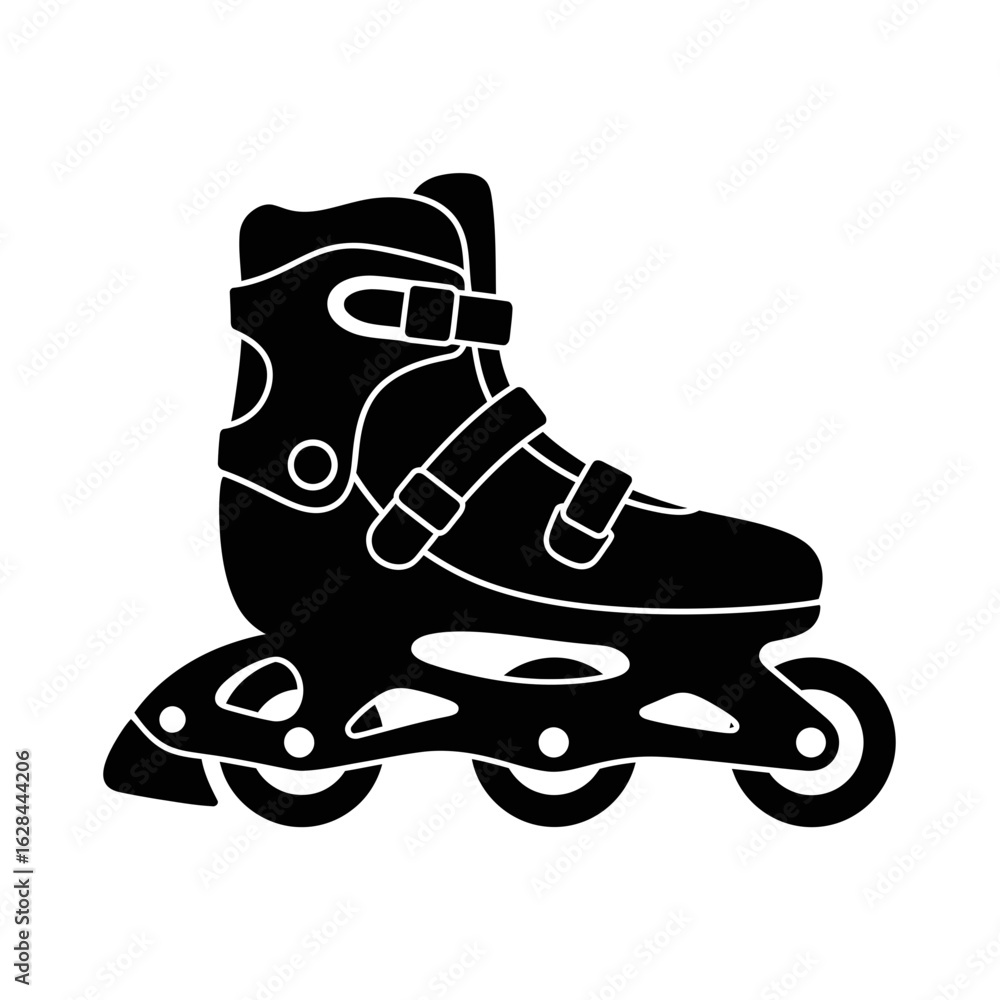 Poster silhouette of a single inline roller skate with multiple straps and wheels
