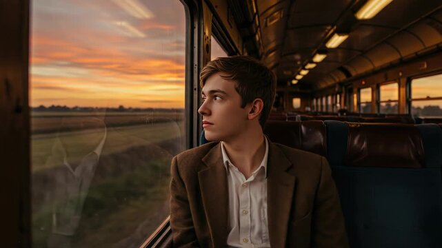 A pensive young man looks out the train window.