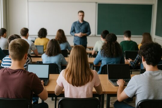 Students engaged in a modern classroom setting with laptops open, attentively listening to their teacher