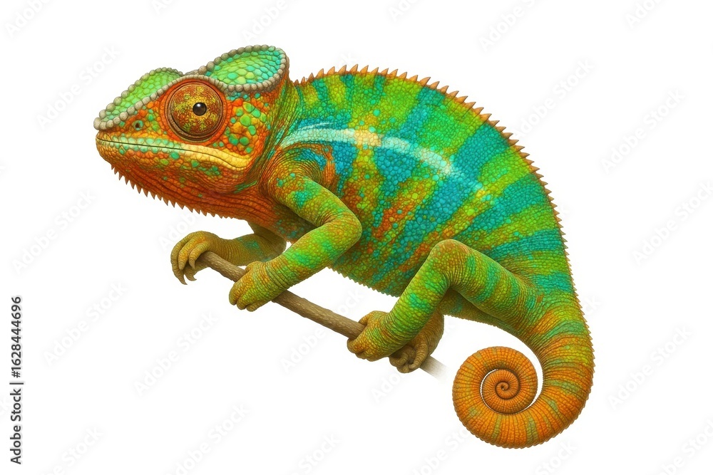 Poster a vibrant chameleon poised on a branch, its striking colors and patterns blend with the surrounding 