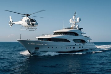 Naklejka premium A Helicopter Ascends Over a Majestic Yacht in the Serene Blue Sea