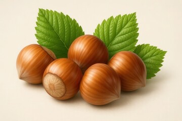 A cluster of freshly harvested hazelnuts, their rich brown shells contrasting with the vibrant green leaves, symbolizing nature's bounty and health