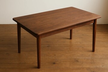 A solitary wooden table stands in quiet contemplation on a warmly toned wooden floor, its simple elegance echoing the timeless charm of classic design