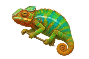 Naklejka premium A vibrant chameleon poised on a branch, its striking colors and patterns blend with the surrounding foliage