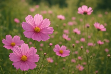 Fototapeta premium A serene field of pink cosmos flowers in full bloom, their delicate petals radiating softly against a backdrop of lush greenery