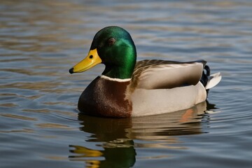 Fototapeta premium A mallard duck glides effortlessly on a tranquil lake