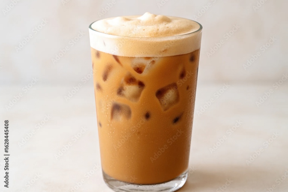 Poster a refreshing iced coffee with a generous layer of creamy foam on top