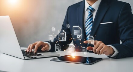 Professional Businessman Managing Digital Documents And Data Efficiently On Modern Technology Devices For Business Growth And Success