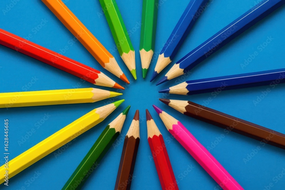 Aufkleber a vibrant array of colored pencils arranged in a perfect circle on a blue background, symbolizing cr