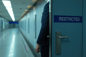 A restricted area with a person standing near a door in a hallway