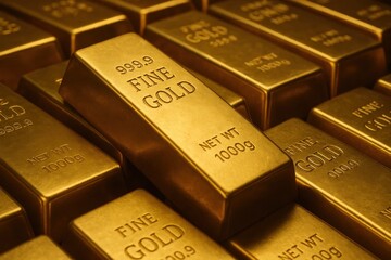 A treasure trove of gold bars gleams under the light, each marked with 'FINE GOLD' and 'NET WT 1000g', symbolizing wealth and prosperity