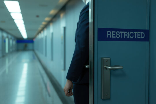 A restricted area with a person standing near a door in a hallway