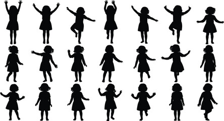 Children silhouette dancing, playing, jumping, vector illustration, joyful kids poses, active youth movement, white background, black figures, happiness, fun