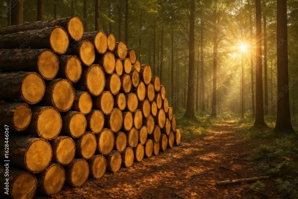 Poster sunlight filters through the canopy of ancient trees, casting a warm glow on a neatly stacked pile o