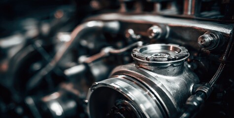 Fototapeta premium Close-up of a metallic engine component, showcasing intricate details, wear, and a focus on a circular, capped element