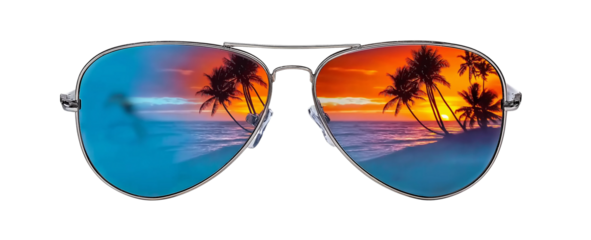 Stylish aviator sunglasses reflecting a tropical beach scene, transparent background, cut out