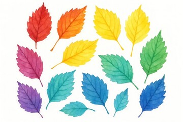 Fototapeta premium A vibrant array of autumn leaves in hues of red, orange, yellow, green, blue, purple, and pink, arranged in a circular pattern on a white background
