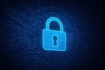 A Glowing Blue Lock on a Circuit Board Grid