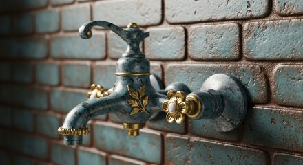 Intricate vintage water tap against a textured, teal brick backdrop wall