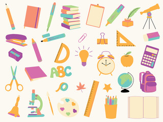 Hand drawn back to school vector illustration. Cute flat doodle icons of school supplies. Colorful cartoon learning and classroom clipart for kids, teachers, and education themed designs.
