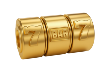 Golden Slot Machine Reels Featuring Lucky Sevens and Bar Symbols, Symbolizing Gambling and Fortune