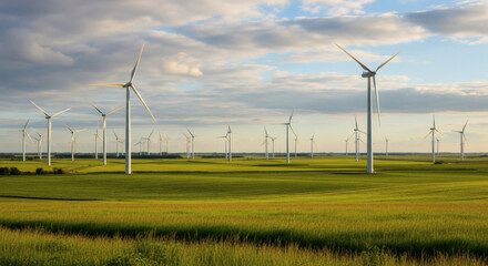 Wind turbines stand tall in a sprawling green field beneath a sky filled with fluffy white clouds
