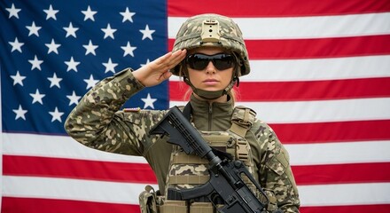 Powerful studio portrait of a confident female soldier in a dress uniform, standing at attention and saluting with the American flag as a proud, patriotic symbol of military service