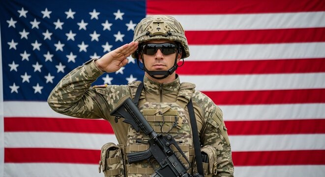 Captivating portrait of a confident male soldier in a uniform, standing at attention and saluting with the American flag as a proud, patriotic symbol of military service