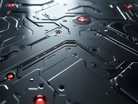 Abstract dark metallic surface with glowing red circles intricate geometric patterns and reflections