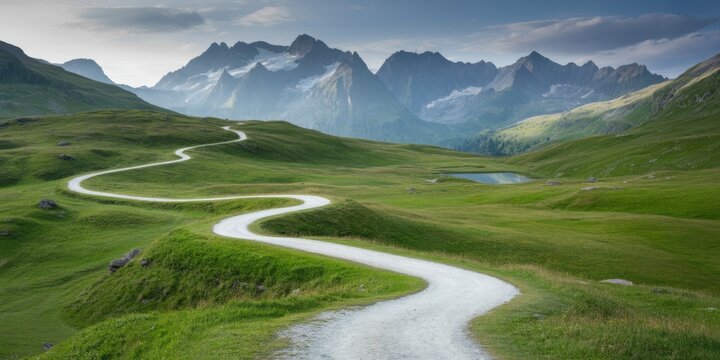 Winding road leads through green alpine landscape towards snow capped mountains
