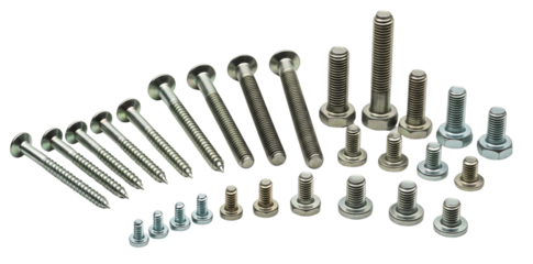 Assortment of various screws and bolts in different sizes and types isolated on transparent background
