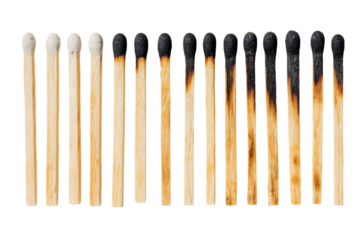 Progression of matchstick burning stages, from unlit to completely burnt.