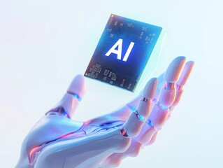 A robotic hand holding a high-tech AI chip