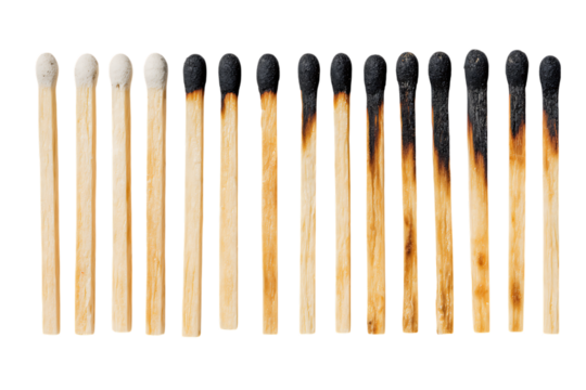 Progression of matchstick burning stages, from unlit to completely burnt.