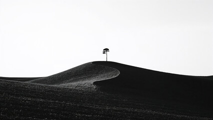 Minimalist black and white landscape of a single tree on a curved hilltop against a bright sky