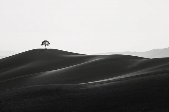 Minimalist Black and White Landscape with Single Tree on Rolling Hills lone tree