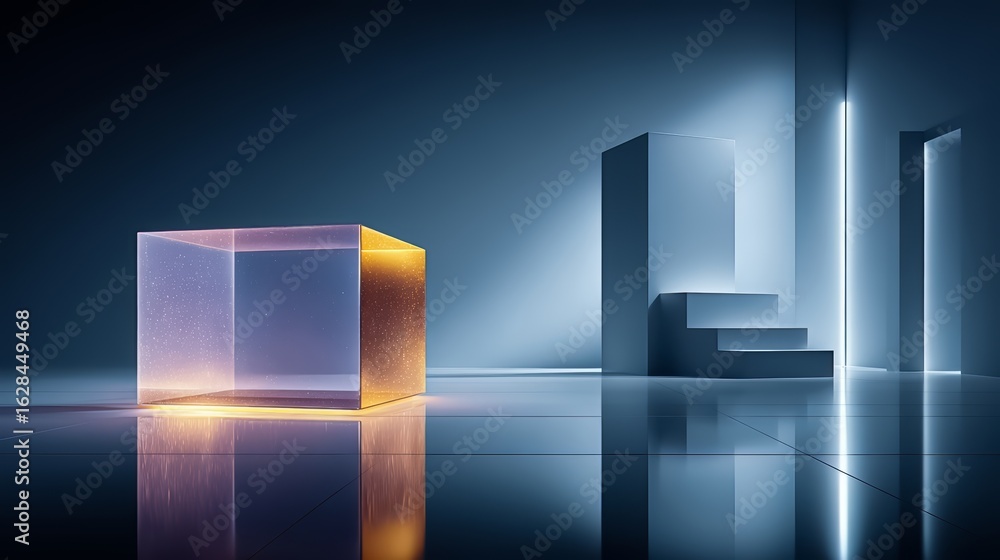 Aufkleber cube is sitting in front of a wall with a staircase. the cube is made of glass and is illuminated by